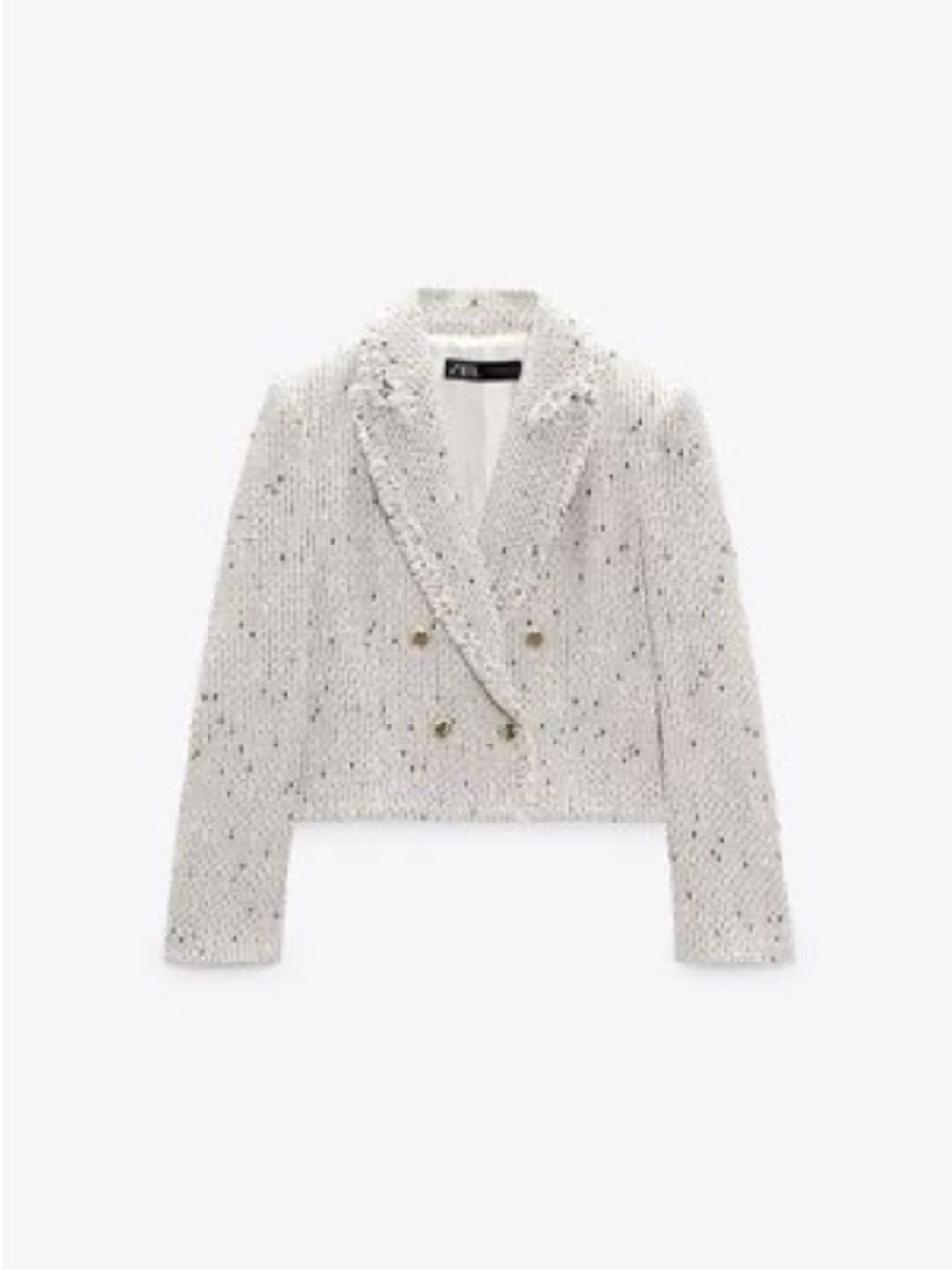 Zara White Textured Double-Breasted Tweed Cropped Blazer - Ecru